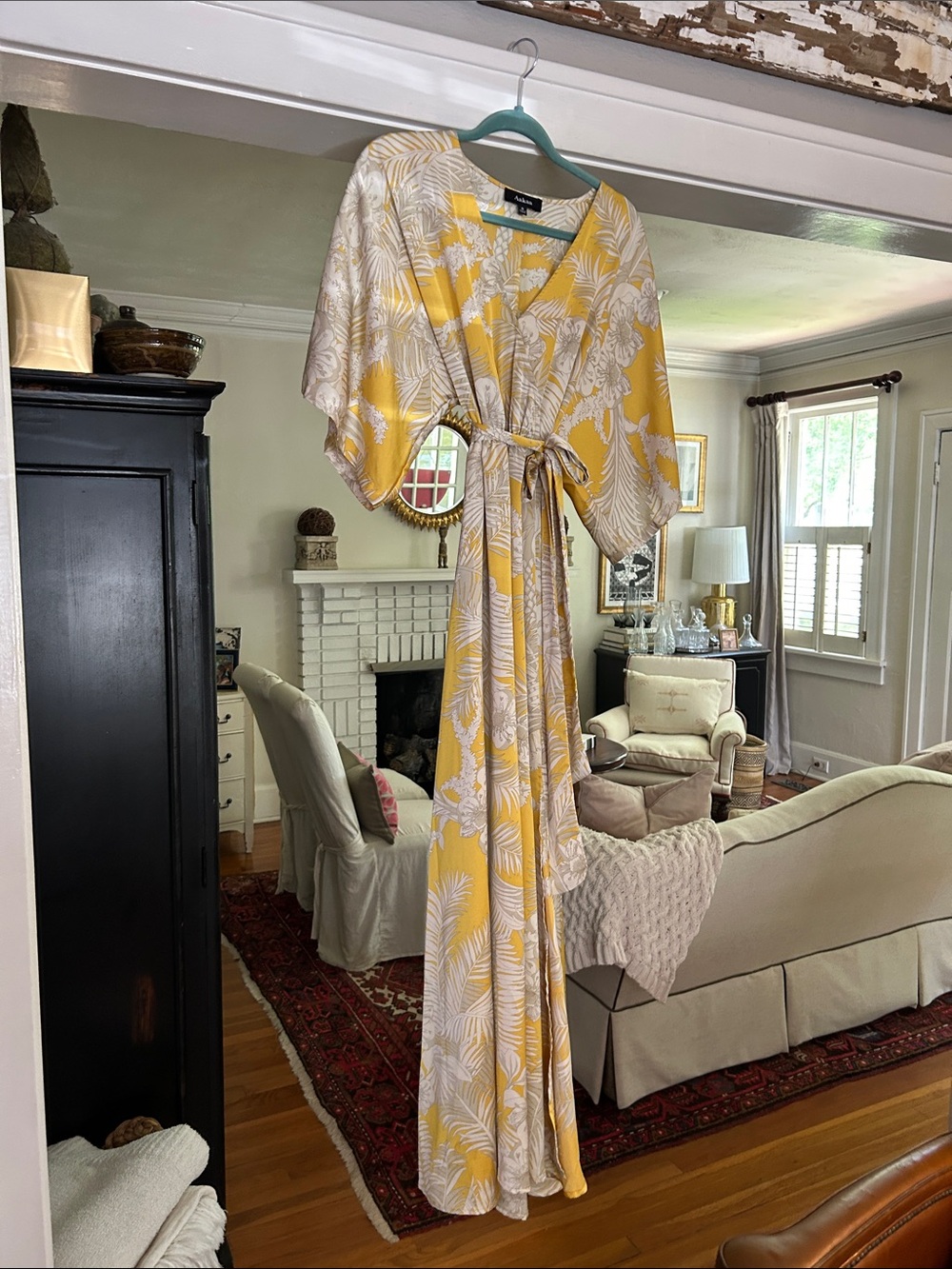 Aakaa Yellow & Cream Botanical Maxi Wrap Dress
